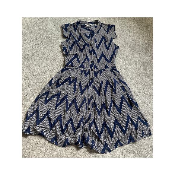 Anthropologie 11-1 Tylho Dress Womens Extra Small Navy Blue Beige Button Cottage - Picture 2 of 12